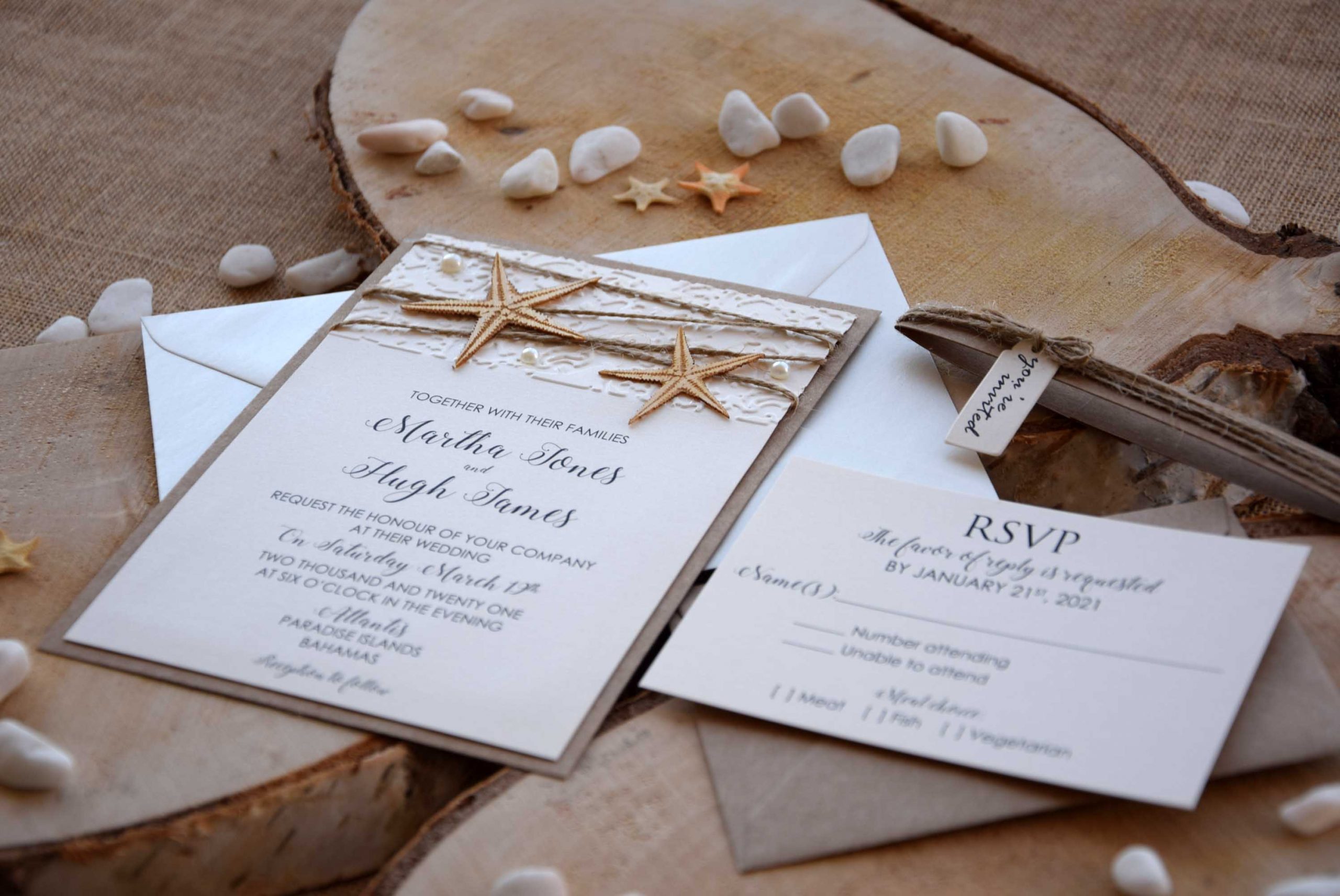 Natural Starfish Wedding Invitation Beach Design Luxury Handcrafted & Boxed 