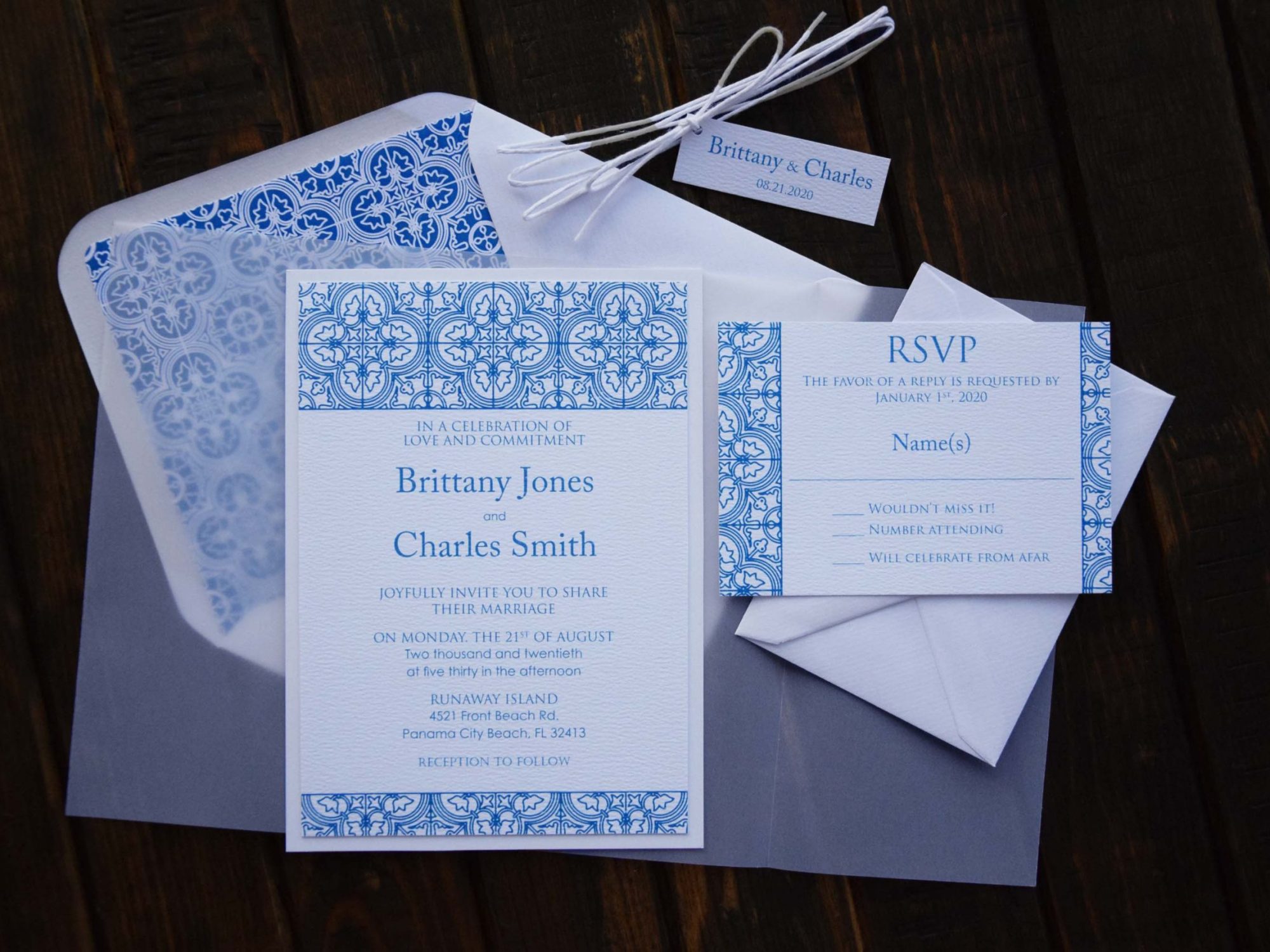 Wrapped Blue Tile Wedding Invitations