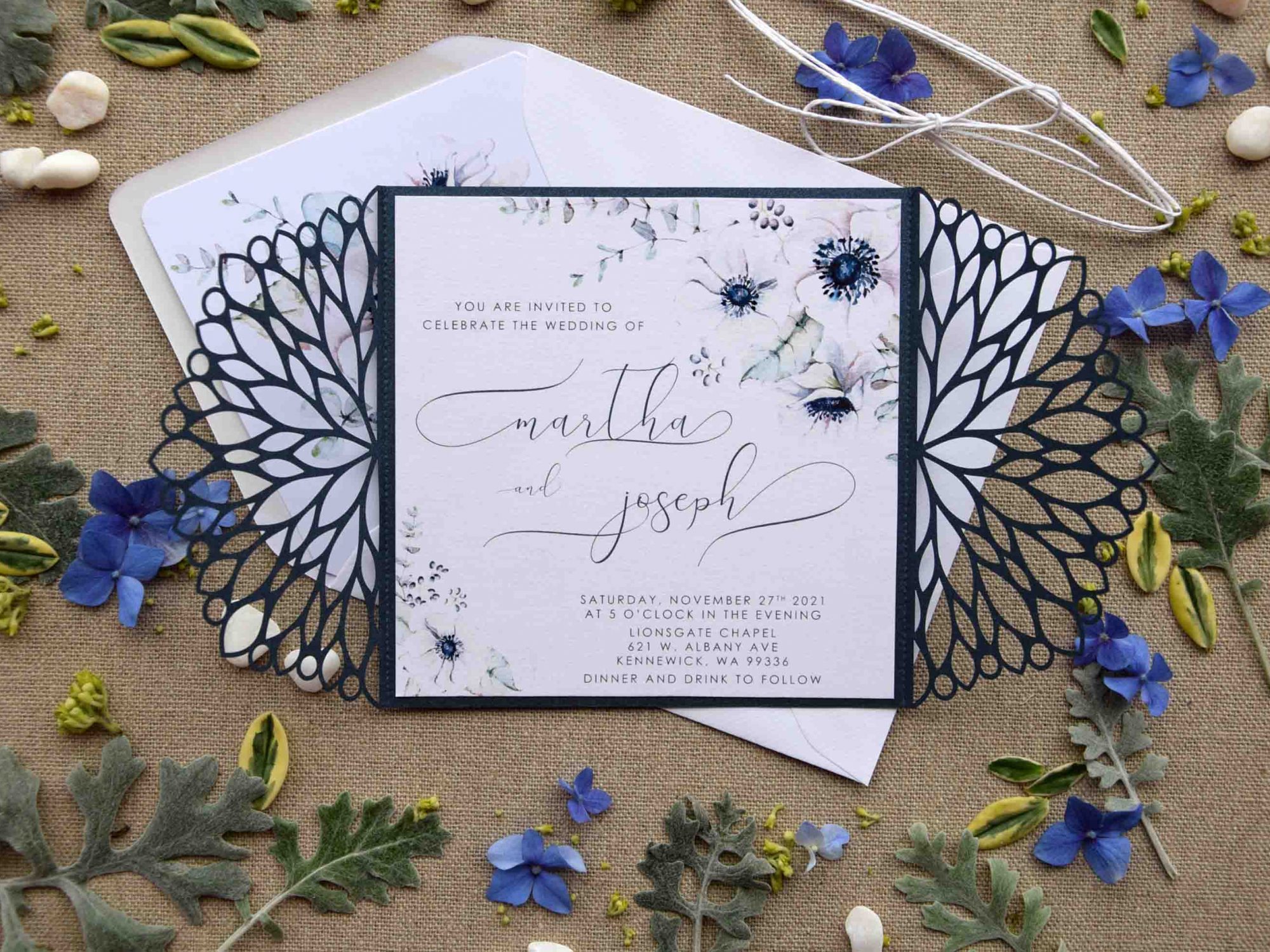 Blue Floral Pocket Wedding Invitations