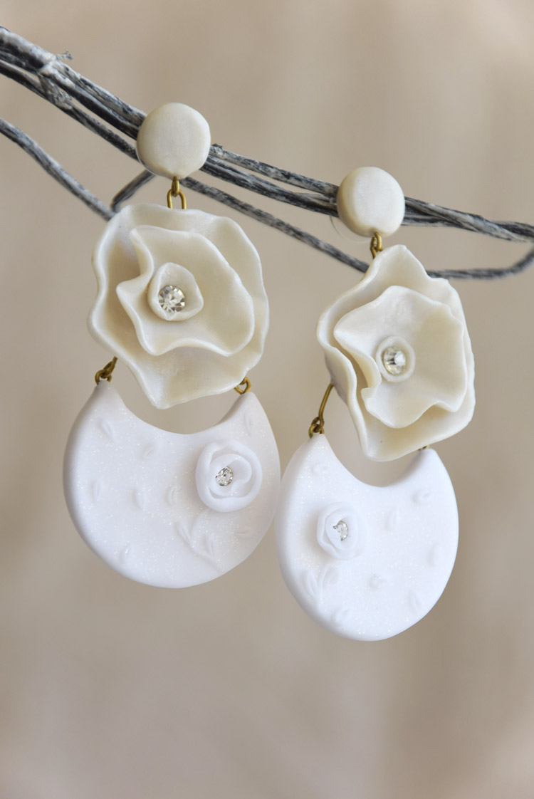 Crescent Moon Earrings With Big Flower