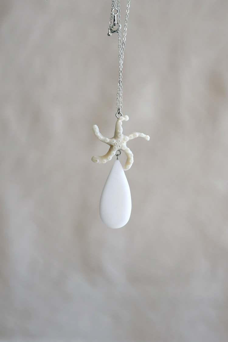 Starfish Pendant With Dangle Waterdrop Silver Bridal Jewelry