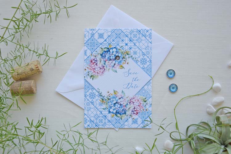 Portuguese Blue Tile and Hydrangea Save the Dates
