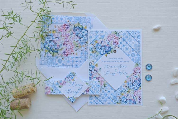 Portuguese Blue Tile and Hydrangea Wedding Invitations
