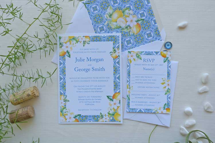 Portuguese Blue Tile and Lemon Wedding Invitations