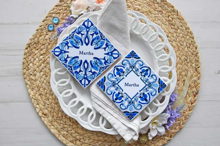 Personalized Portuguese Blue Tile - Albufeira - Pack of 2 coasters